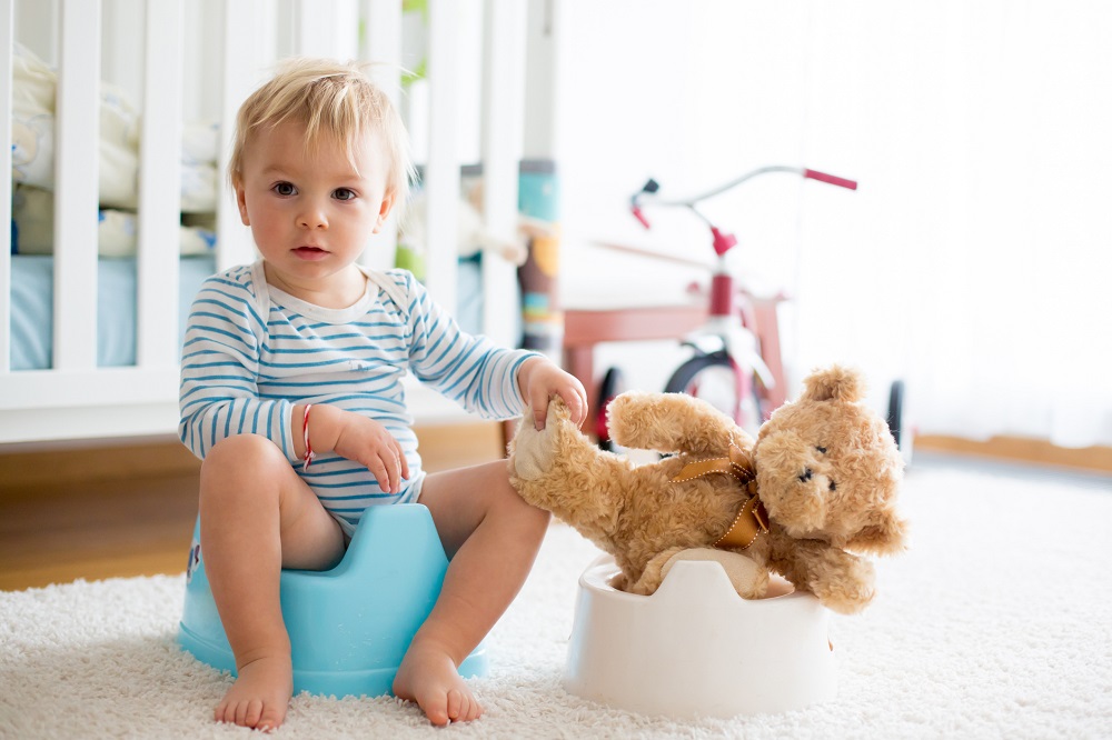 Toddler boy sitting on a potty, with a teddy on the potty next to him