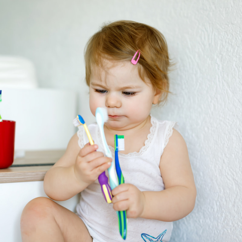Image of a toddler holding three toothbrushes and looking down at them.