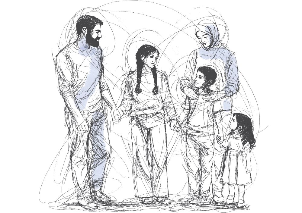Illustration of a family with three children.