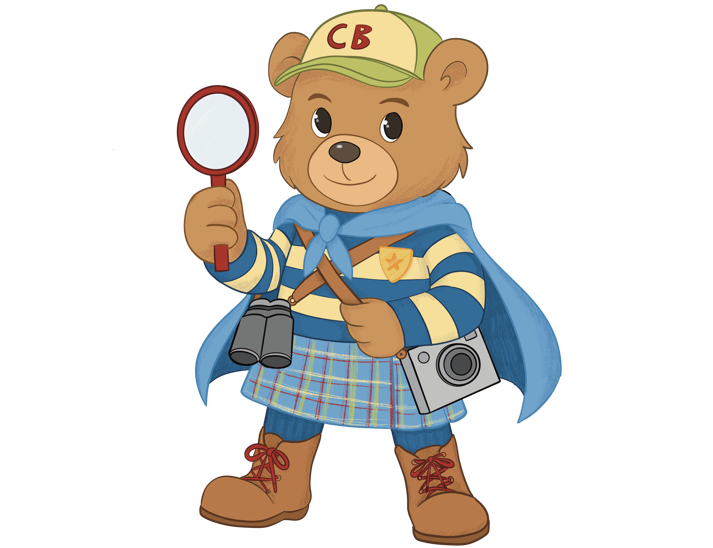 Illustration of Cy Bear - a bear wearing a cap, cape and kilt, holding a magnifying glass.