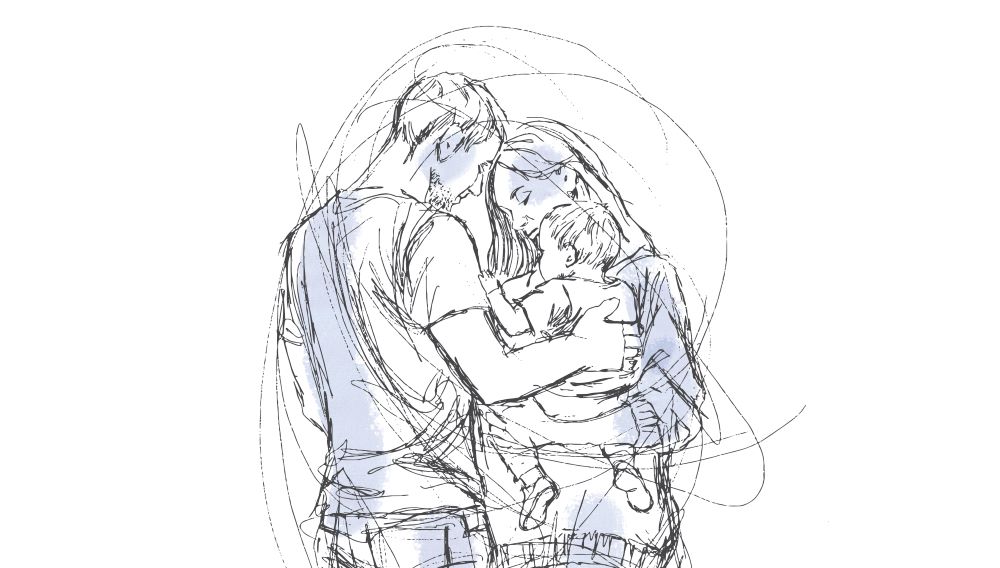 Illustration of a mother and father holding a baby.