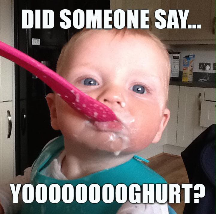 photo of baby being fed yoghurt. Caption: did someone say yoooooooooooghurt?