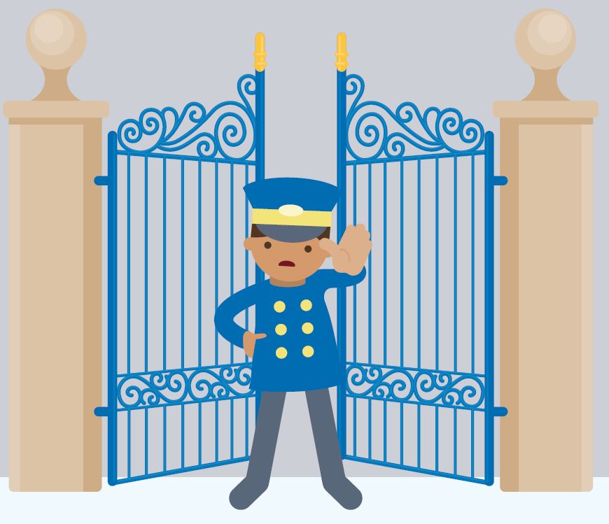 Image of a cartoon police officer standing in front of a set of gates with their hand up.