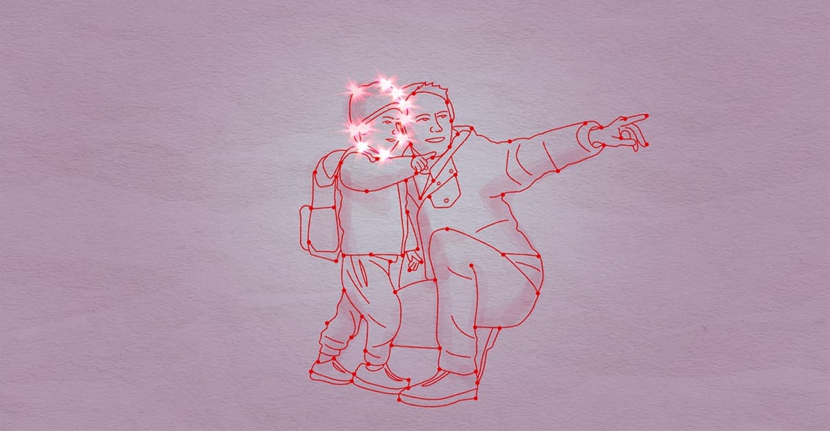 Illustration showing a father pointing something out to their child, the child's head is lit up