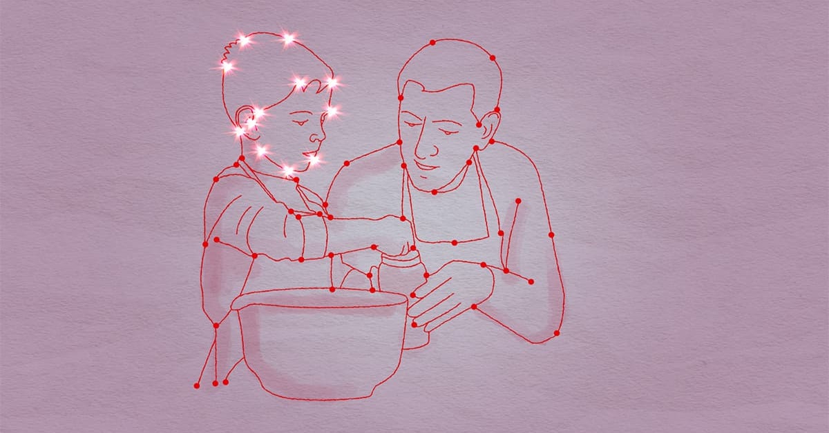 Illustration of a father and son cooking together, the boy's head is lit up