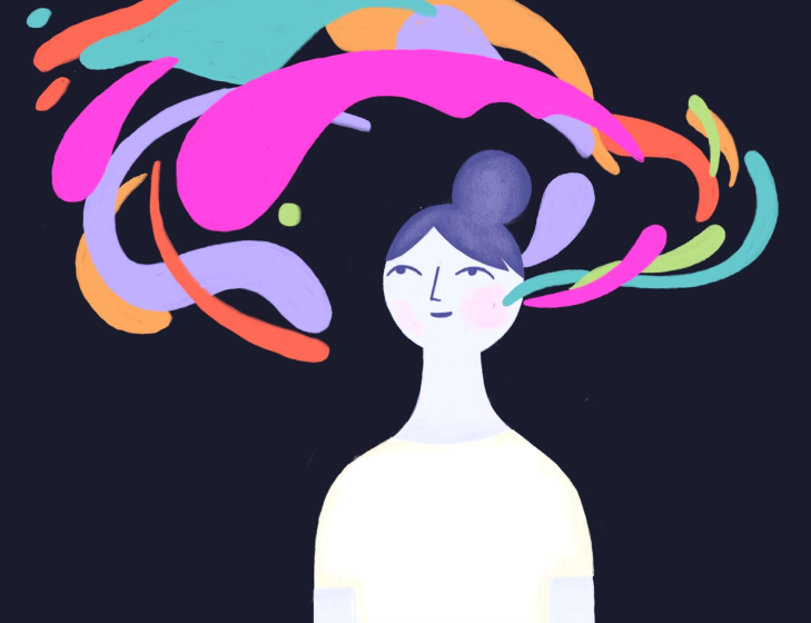 Illustration of a woman surrounded by colours representing how her mind works differently