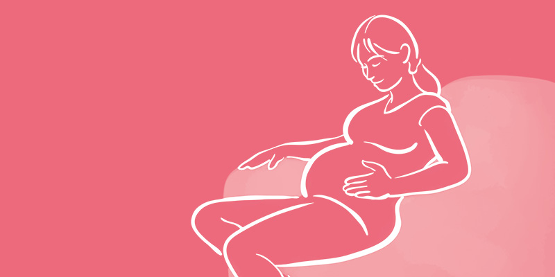 Image of an illustration of a pregnant woman sitting on a sofa with one hand on her stomach.