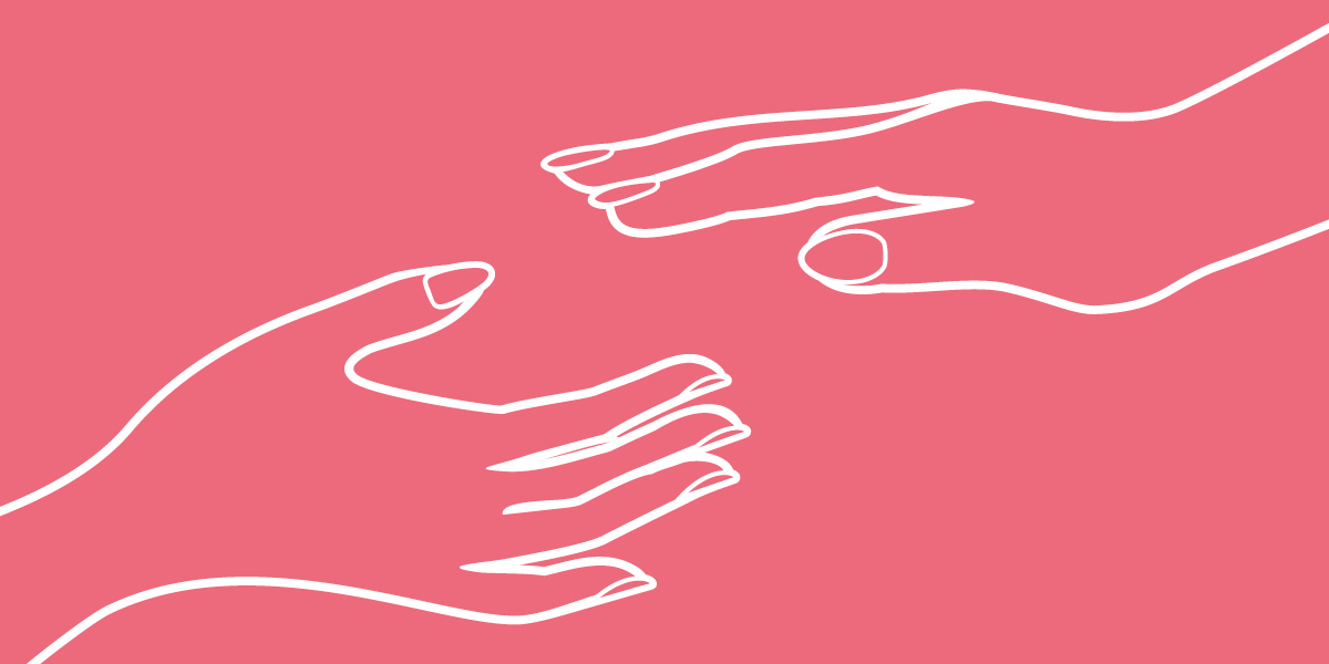 Image of an illustration of two hands reaching towards each other, with pink background.