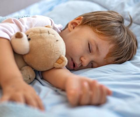 Toddler boy asleep hugging a teddy bear