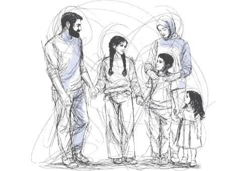 Illustration of a family with three children.