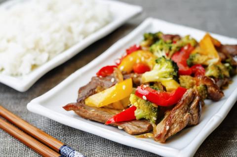 Beef, Pepper and Sugar Snap Pea Stir Fry with Rice