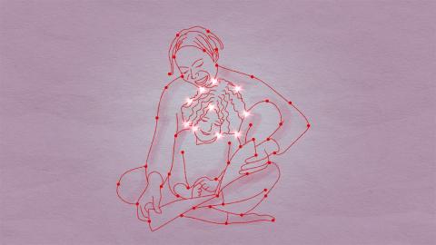 Illustration of a mother and child reading a story together, the child's face is lit up