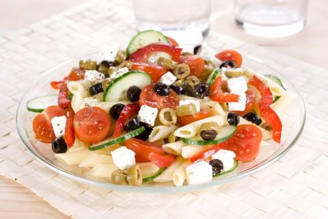 Photo of a greek pasta salad 