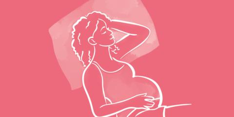 Image of an illustrated outline of a pregnant woman sleeping on her side.