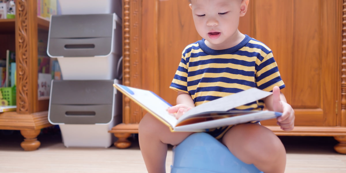 Image of a toddler sitting on a potty reading a book.