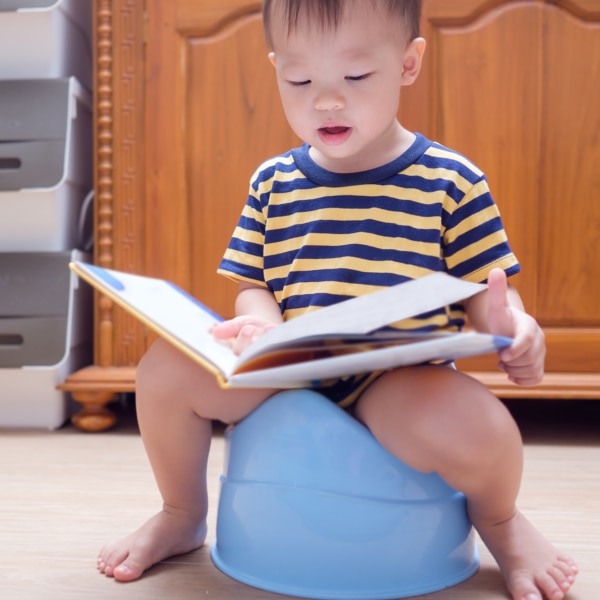 Image of a toddler sitting on a potty and reading.