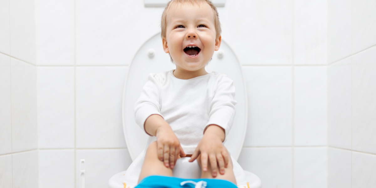 Image of a smiling toddler sitting on a toilet training box.