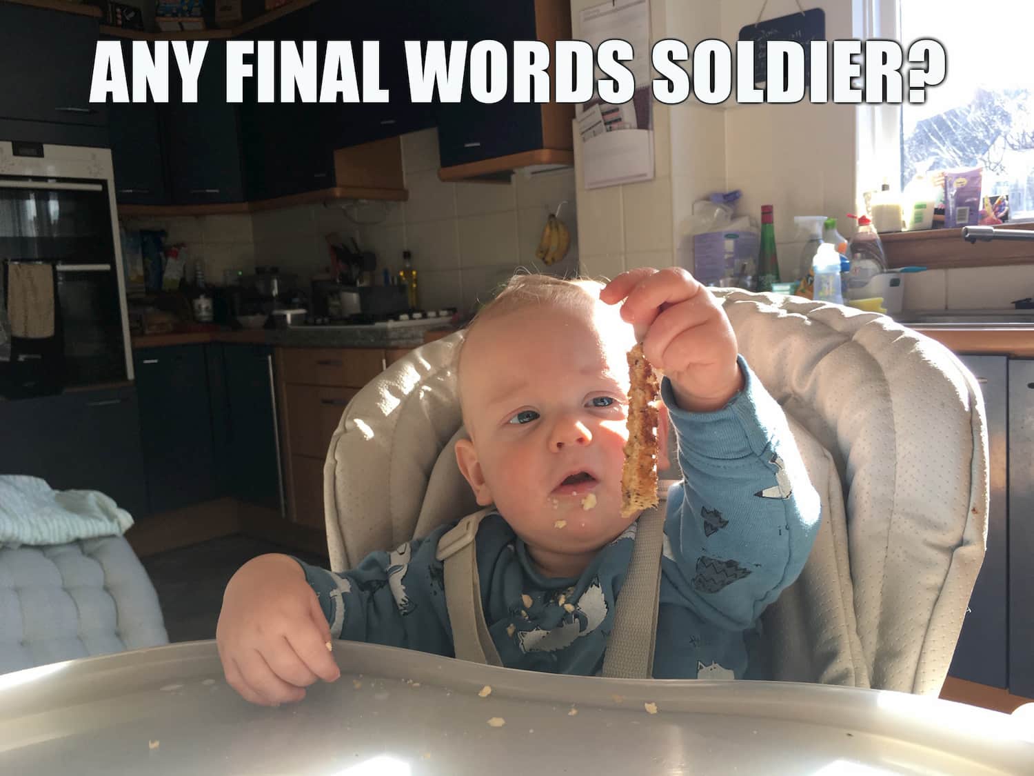 Photo of baby with a cut of toast. Caption: any final words soldier?