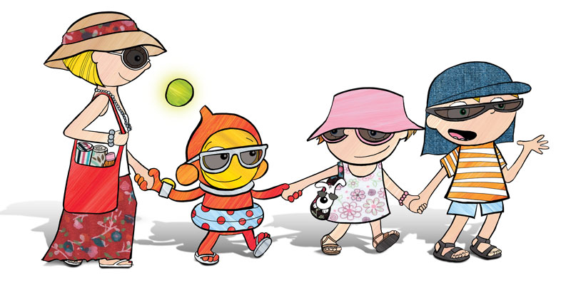 Cartoon illustration of Ziggy the road safety mascot with two children and a parent